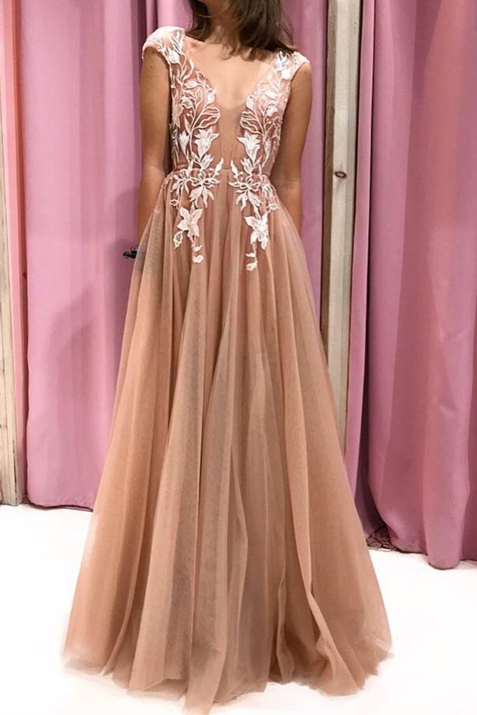 Cap Sleeves V Neck Open Back Champagne Lace Long Prom Dress cg20840