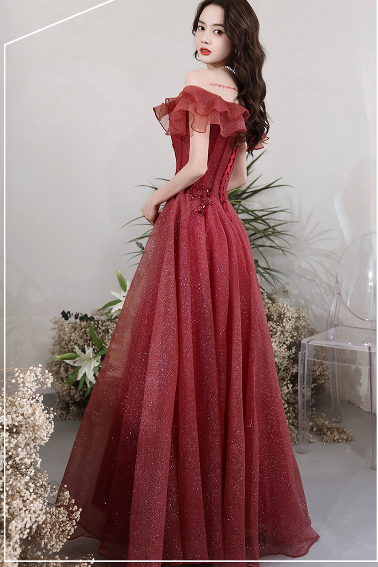 BURGUNDY TULLE LONG A LINE PROM DRESS EVENING DRESS cg20986