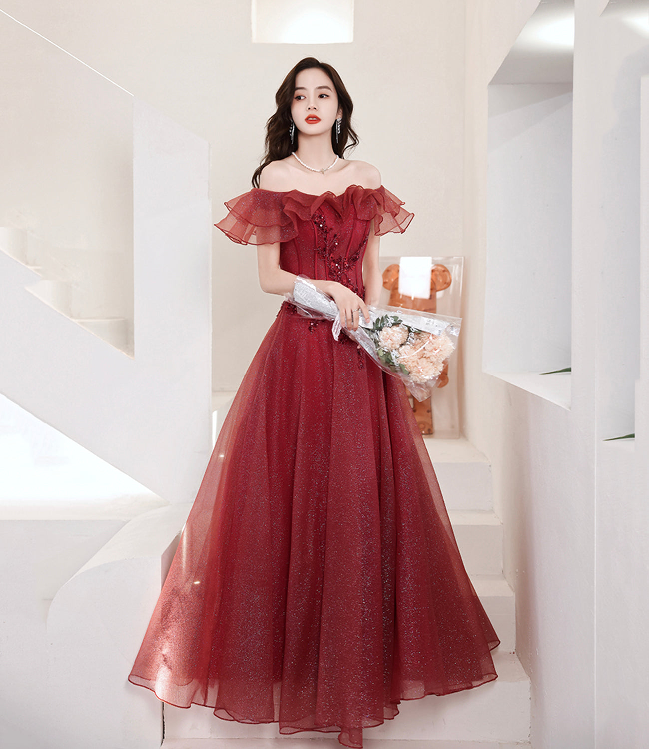 BURGUNDY TULLE LONG A LINE PROM DRESS EVENING DRESS cg20986