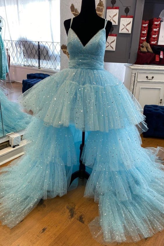 princess high low blue sparkle prom dress formal dress cg20999