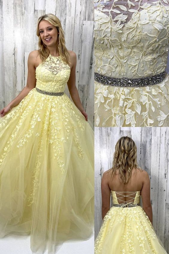halter yellow appliqued formal dress long prom dress for girl cg21001