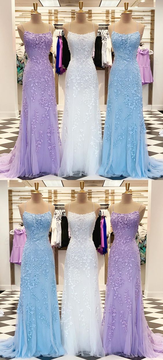 Sheath Spaghetti Straps Lace-Up Sweep Train Light Blue Prom Dress with Appliques cg2103