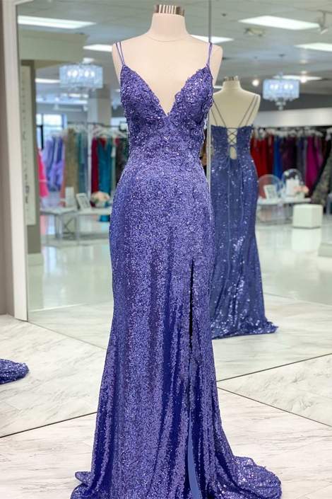 Tight Purple Sequined Long Prom Dress with Slit cg21049