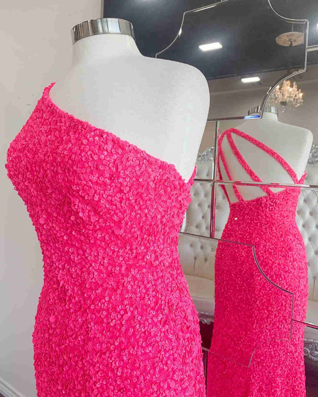 2020 one shoulder hot pink sequined prom dress cg21068