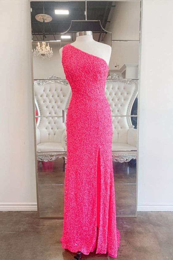 2020 one shoulder hot pink sequined prom dress cg21068