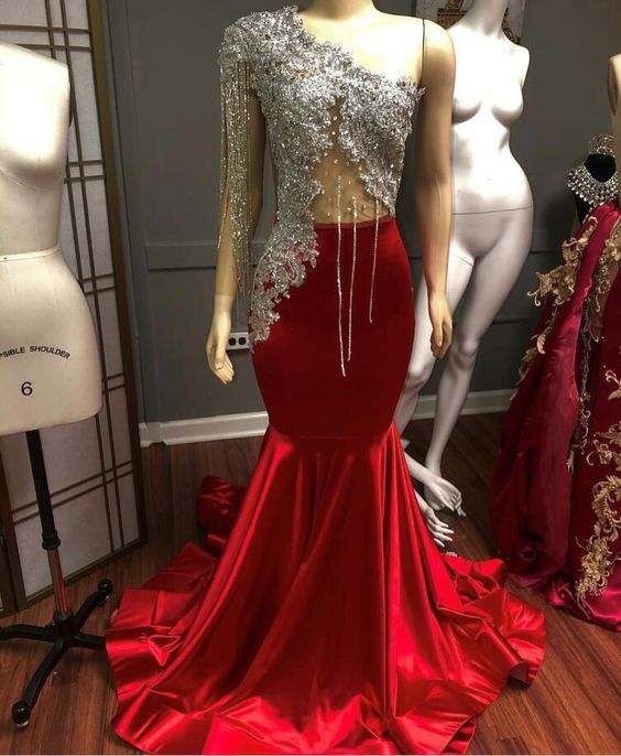 Luxury Red Satin Evening Dresses With Crystal Beaded One Shoulder Mermaid prom dress cg21146