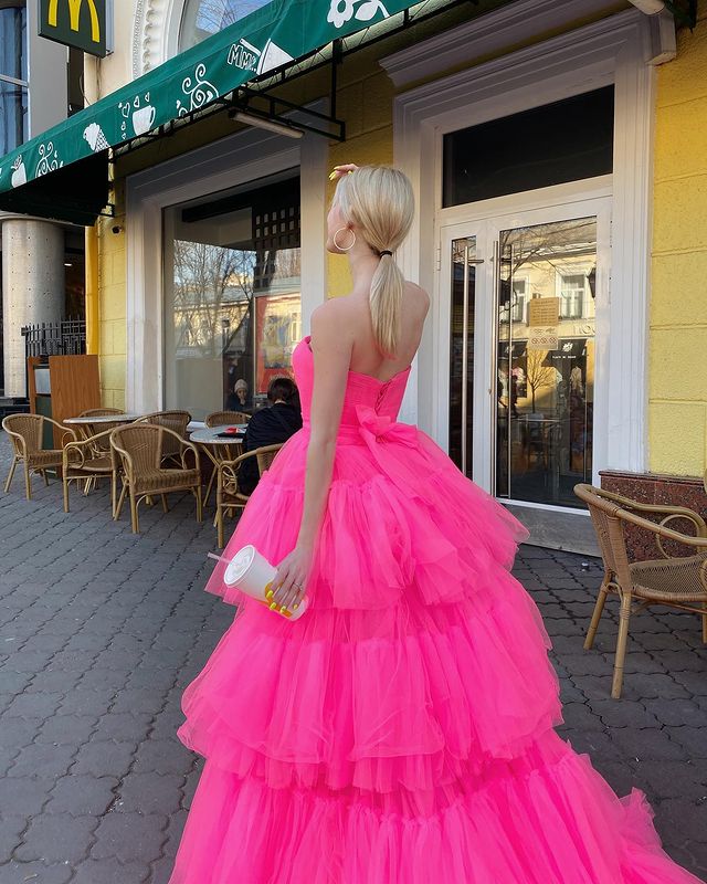 Princess A Line High Low Strapless Pink Long Prom/Evening Dress Ruffles cg21150