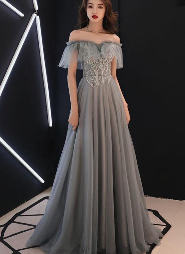 Grey Tulle Sweetheart Floor Length Sweetheart Long Formal Prom Dress cg21180