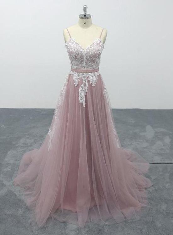 Pink Tulle V-Neck Spaghetti Straps Bridal Gown Prom Dress cg21181