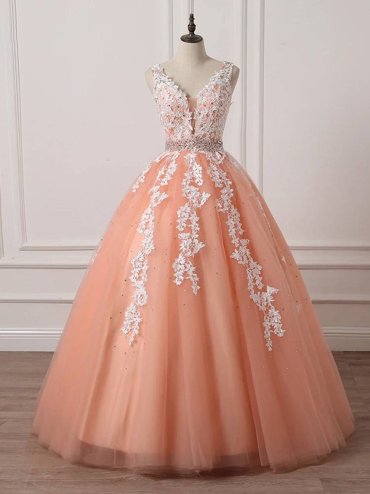 Charming Coral Princess V-Neckline Formal Dress, Lace Applique Beaded Prom Dress cg21219