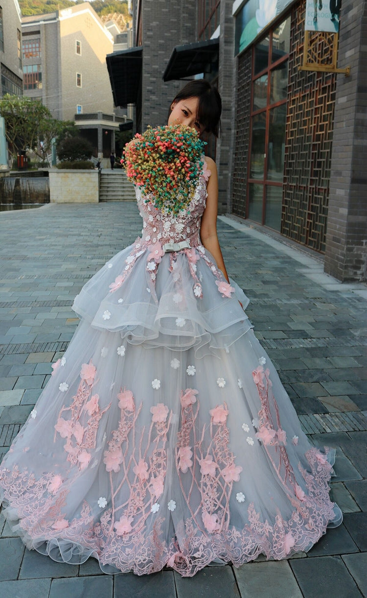 Formal Prom Dresses Short Sleeves Floral Long Formal Gown cg21259