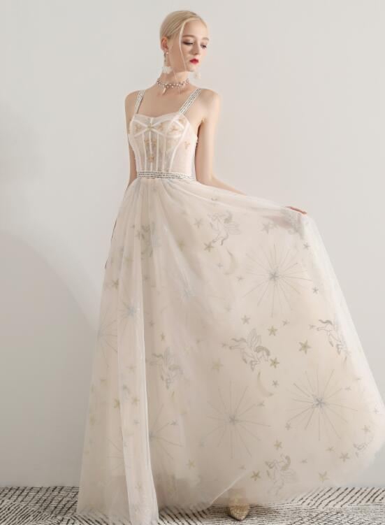 Ivory Sweetheart Straps Long Formal Dress, A-Line Ivory Tulle Evening Dress Prom Dress cg21265