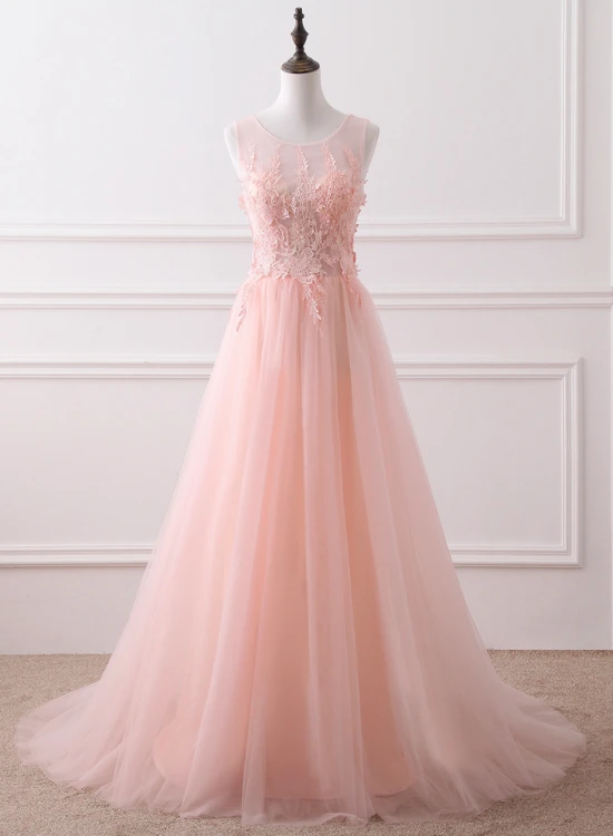 Pink Tulle Round Lace Applique Long Formal Dress, Pink Tulle Junior Prom Dress cg21327