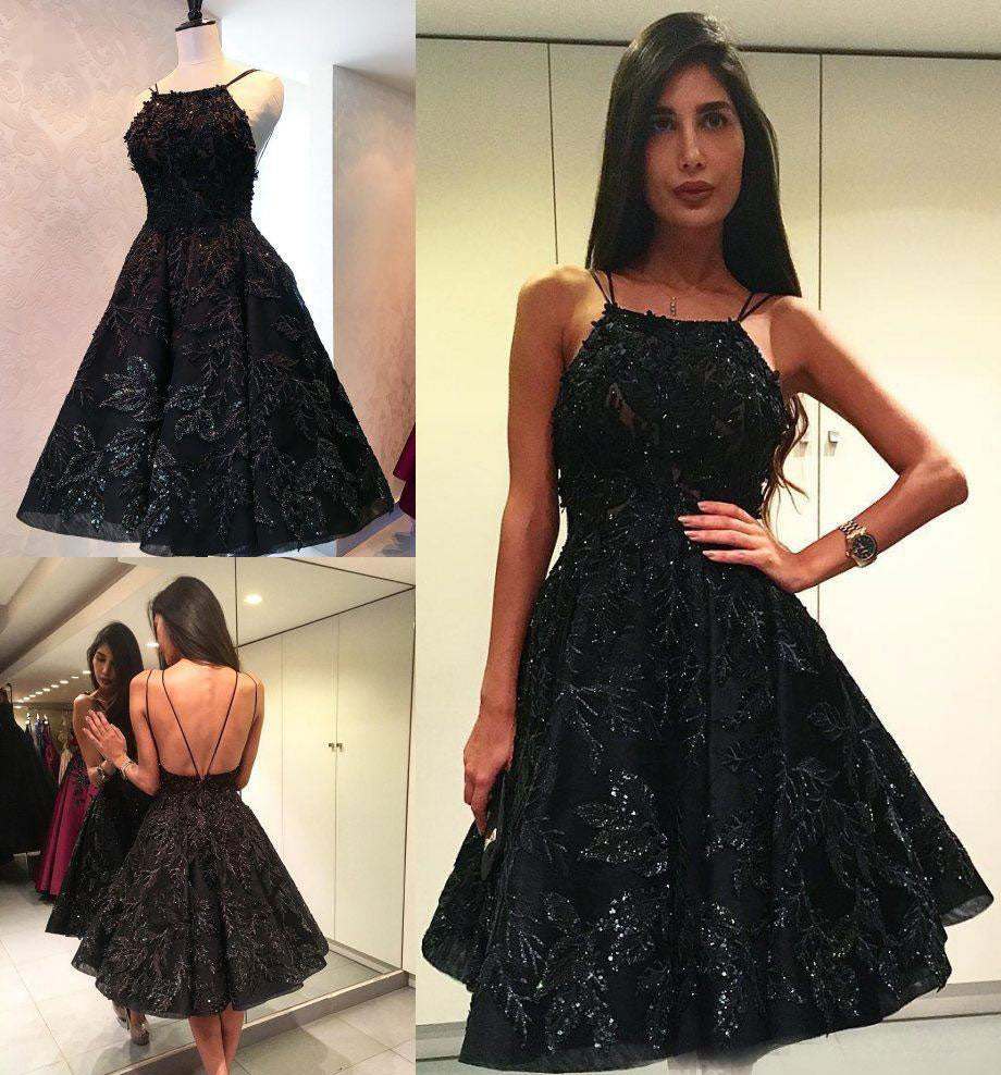 Black A Line Short Dress Halter Black Homecoming Dress cg21345