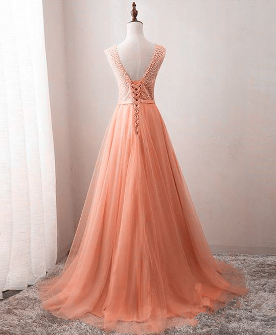 Beautiful Tulle Gown, V Back Lace-up Beaded Long Formal Dress, Tulle Party prom Dresses cg21366