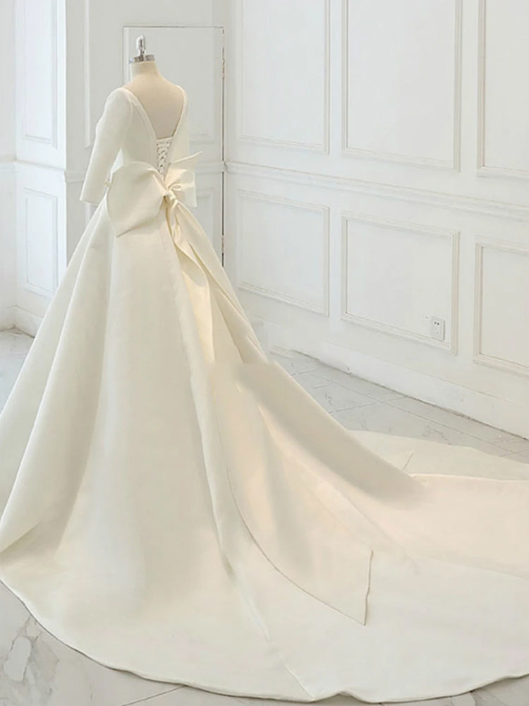 White Satin Backless 3/4 Sleeve Wedding Dress Party prom Dresses cg21367