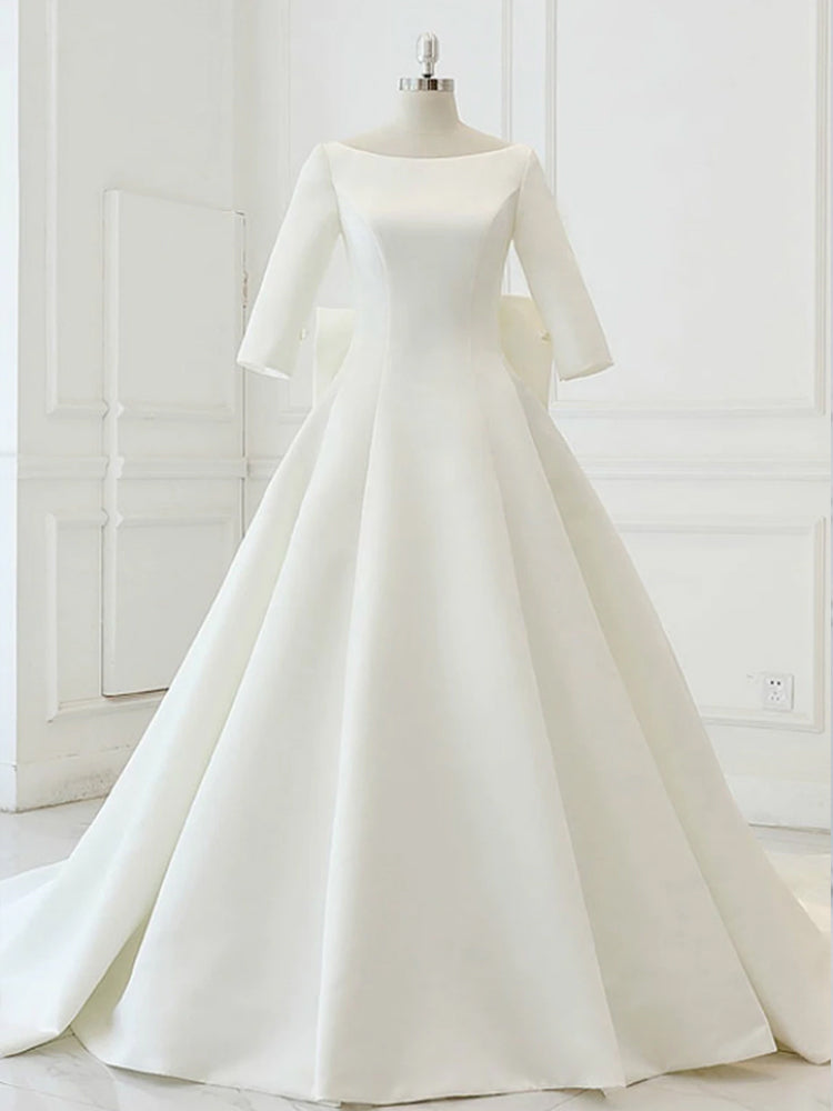 White Satin Backless 3/4 Sleeve Wedding Dress Party prom Dresses cg21367