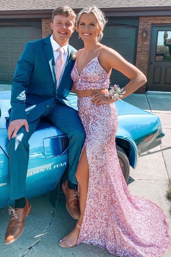 two piece pink sequined long prom dress combines with spaghetti straps and mermaid side slit skirt cg21410