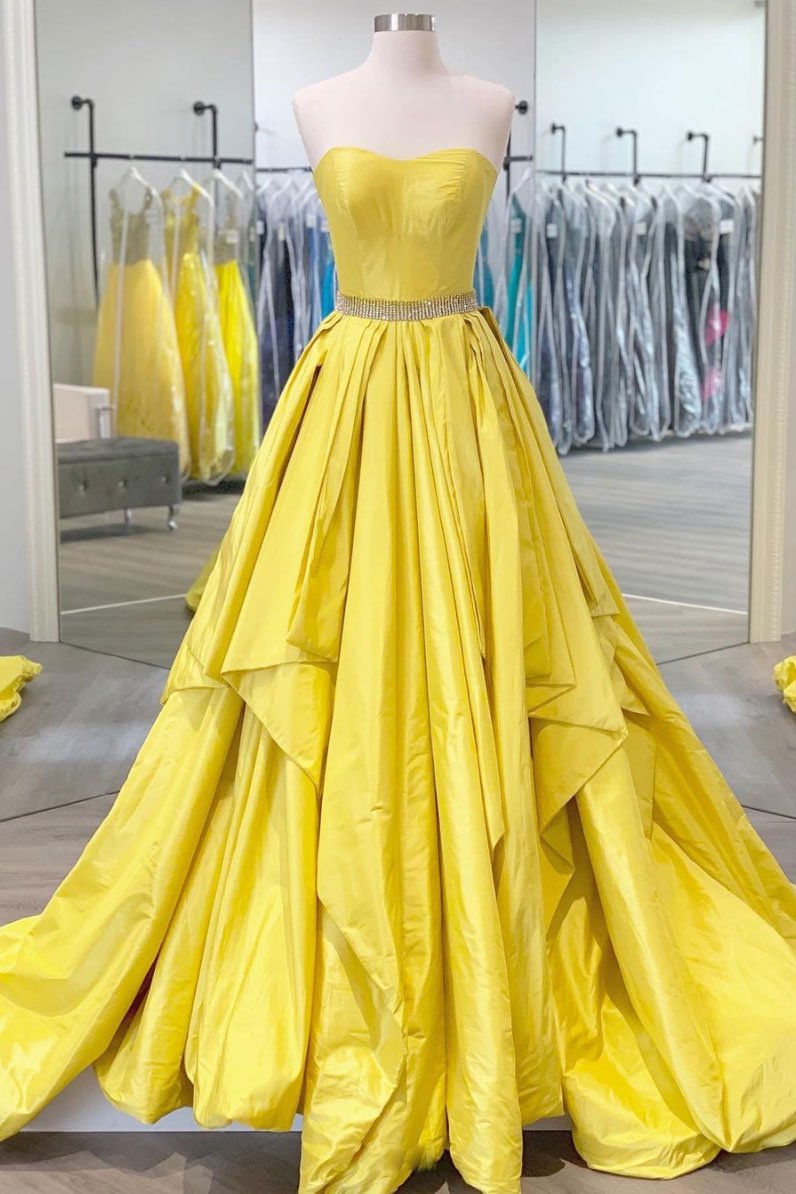 Simple yellow satin long prom dress yellow evening dress cg21466