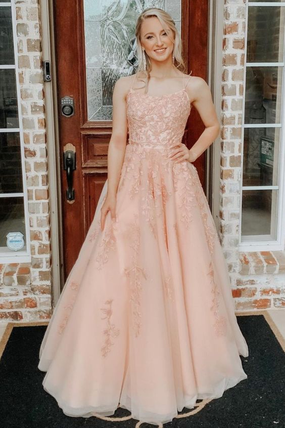 A-line Straps Long Blush Lace Prom Dress with Lace-Up Back cg21819