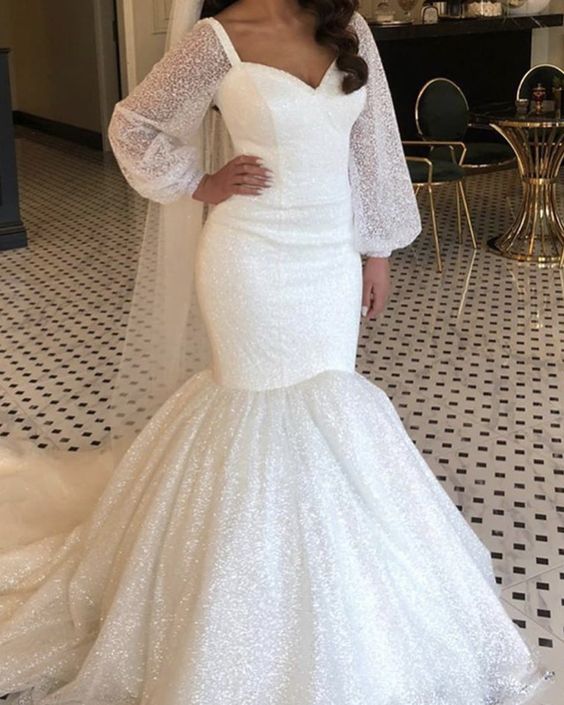 sparkly sequin mermaid wedding dress puffy sleeves prom dress cg22066