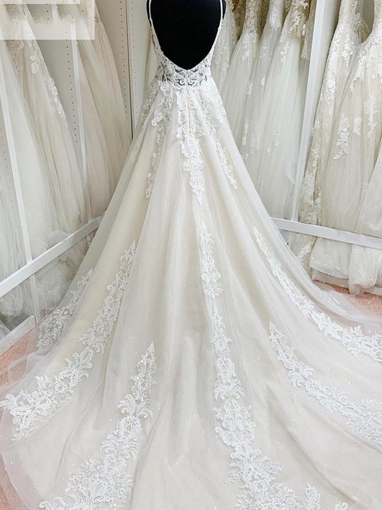 Ivory Lace Tulle V-Neck Backless Floor-Length Spaghetti Straps A-Line Wedding Dresses prom dress cg22090