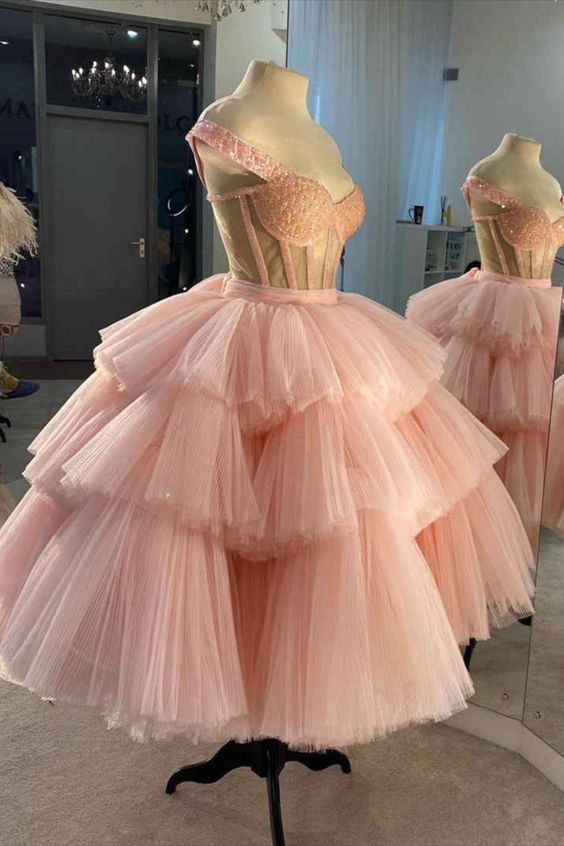 Off the Shoulder Tiered Pink Homecoming Dress cg22159