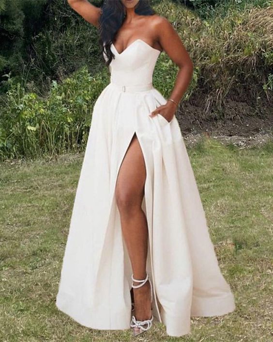 Simple Wedding Dress Satin Split prom dress With Pockets cg22502