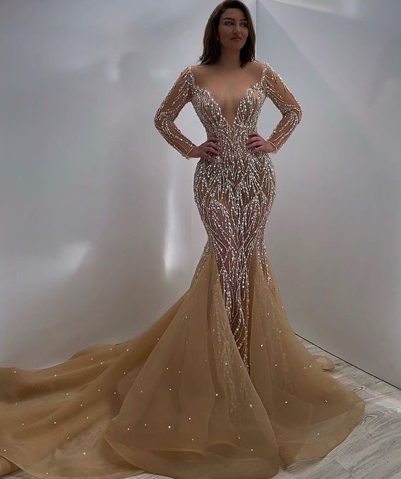 champagne Long Prom Dress, wedding dress Formal Evening Dress cg22534