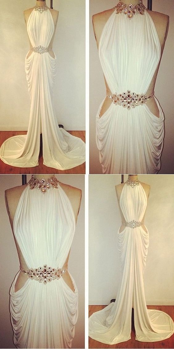 Sexy Prom Dresses Sheath Column High Neck Rhinestone Long White Prom Dress cg22581