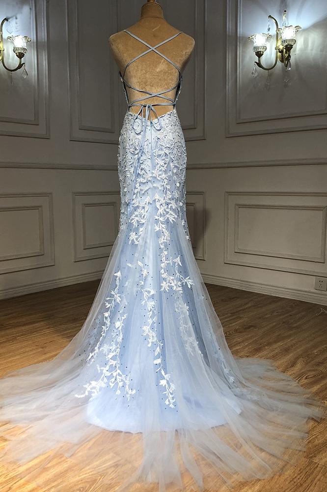 Light Blue Tulle Lace Appliques Long Mermaid Prom Dress, Open Back Party Dress cg22659