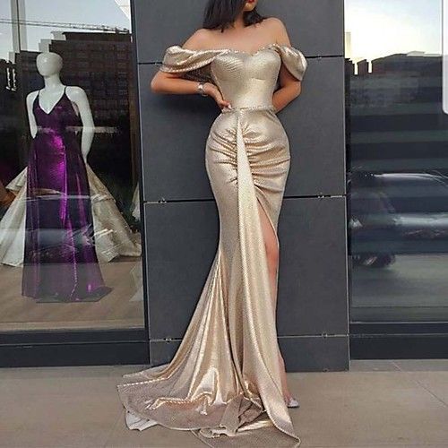 Trumpet Sexy Off Shoulder Sleeveless Sweep / Brush Train Satin with Split Prom Dress cg22773