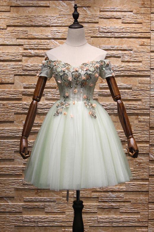 Light Mint Green Knee Length Floral Lace Sweetheart Party Dress, Tulle Short Homecoming Dress cg22968