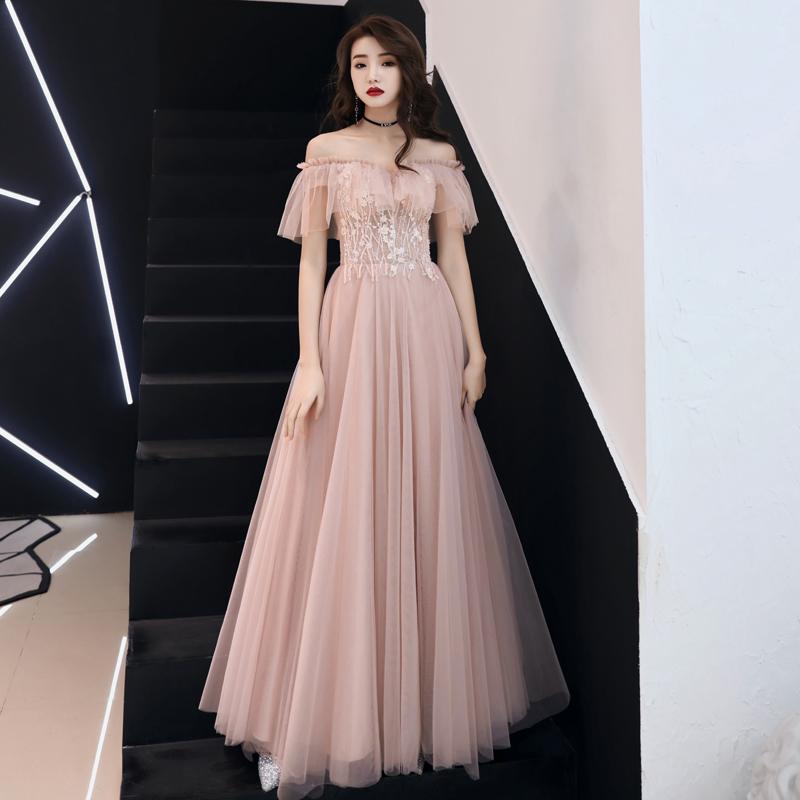 Pink Lace Off Shoulder Tulle A-Line Floor Length Party Dress, Pink Formal Dresses prom Dress cg23034