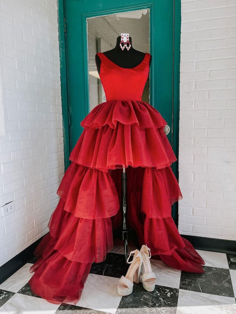 BURGUNDY ROUND NECK TULLE HIGH LOW PROM DRESS cg23040