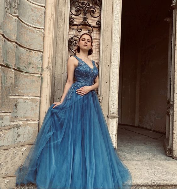 Blue tulle lace long A line prom dress blue evening dress cg23045