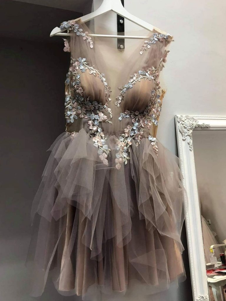 BROWN ROUND NECK TULLE LACE SHORT DRESS, LACE HOMECOMING DRESS cg23069