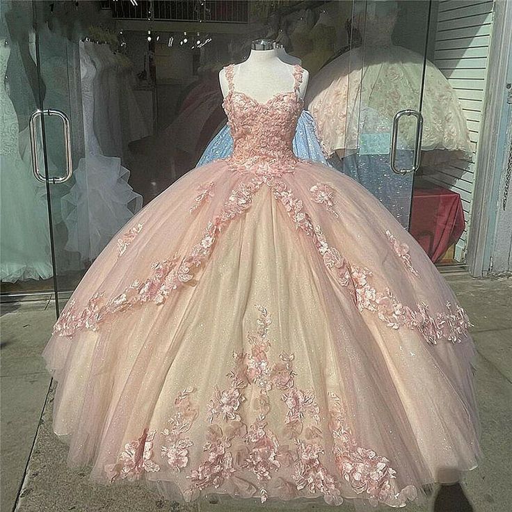 Pink Sparkly Quinceanera Prom Dresses Lace Flower Sweet 16 Tulle Party Ball Gown cg23110