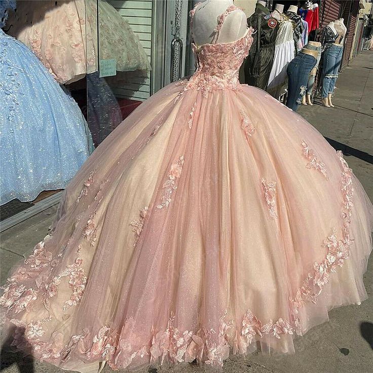 Pink Sparkly Quinceanera Prom Dresses Lace Flower Sweet 16 Tulle Party Ball Gown cg23110