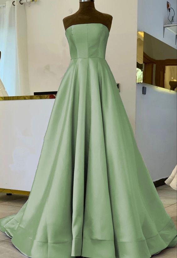 Simple sage green satin bridesmaid dresses strapless floor length formal prom gown for bridal party cg23114