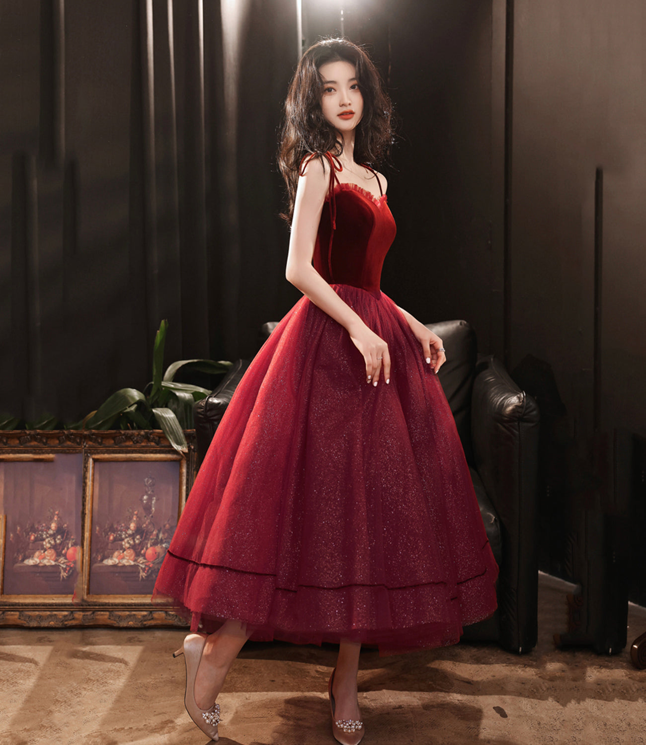 BURGUNDY TULLE SHORT A LINE PROM DRESS PARTY DRESS cg23121