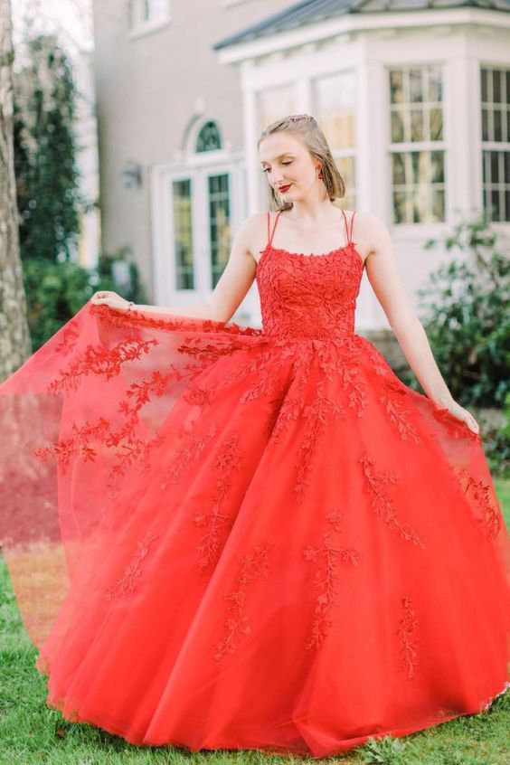 red lace appliques A-line long prom dress ball gown cg23126