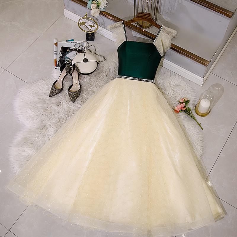 Champagne Tulle And Lace Pearls Party Dresses, Short Prom Dress cg23138