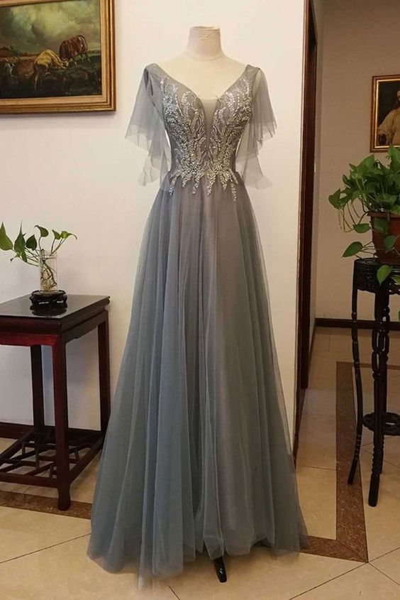Gray Tulle Lace Cap Sleeve Long Women Prom Dress, Evening Dress cg23158