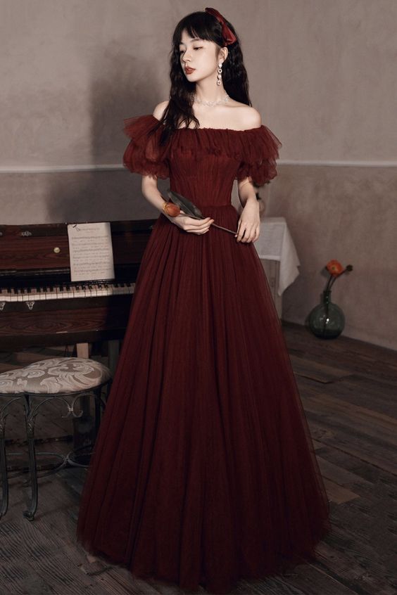 Burgundy tulle long prom dress burgundy evening dress cg23161