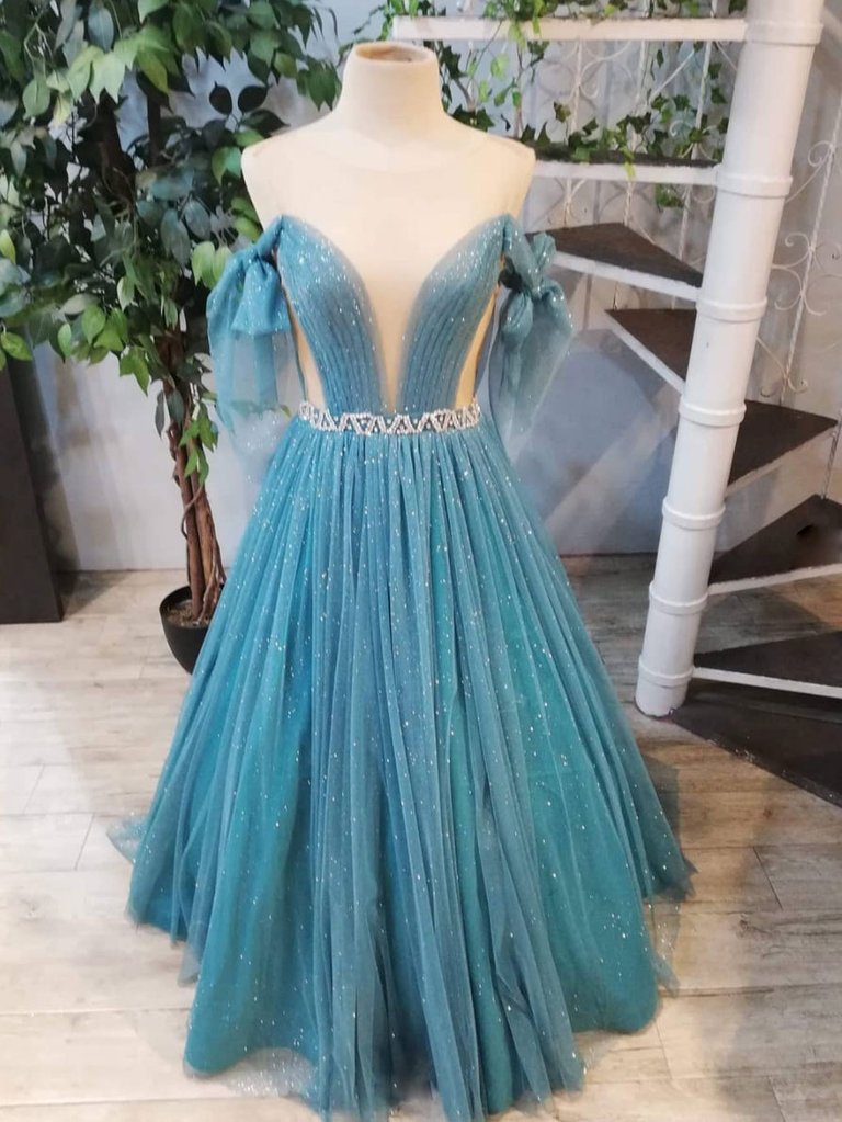 GREEN ROUND NECK TULLE SEQUIN LONG PROM DRESS, GREEN EVENING DRESS cg23165