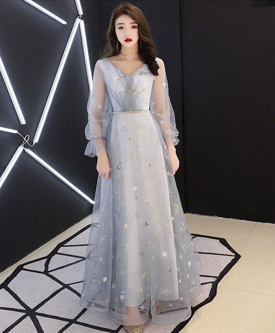 Gray v neck tulle lace long prom dress tulle evening dress cg23166