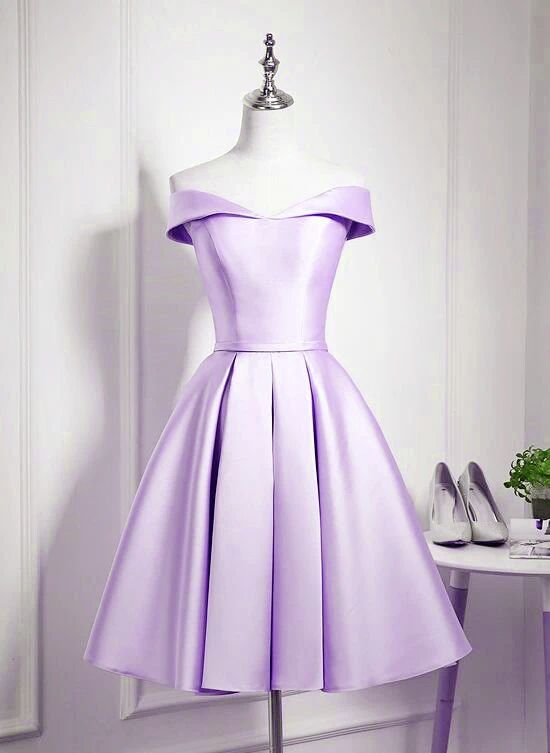Charming Purple Satin Knee Length Homecoming Dress, Off Shoulder Bridesmaid Dress cg23193