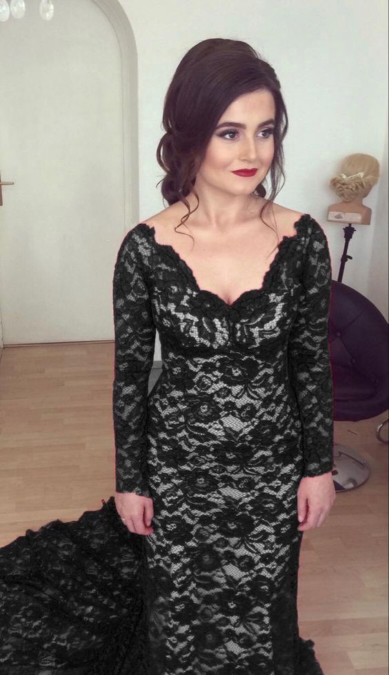 elegant black lace v neck long sleeves mermaid prom dresses for formal events cg23203