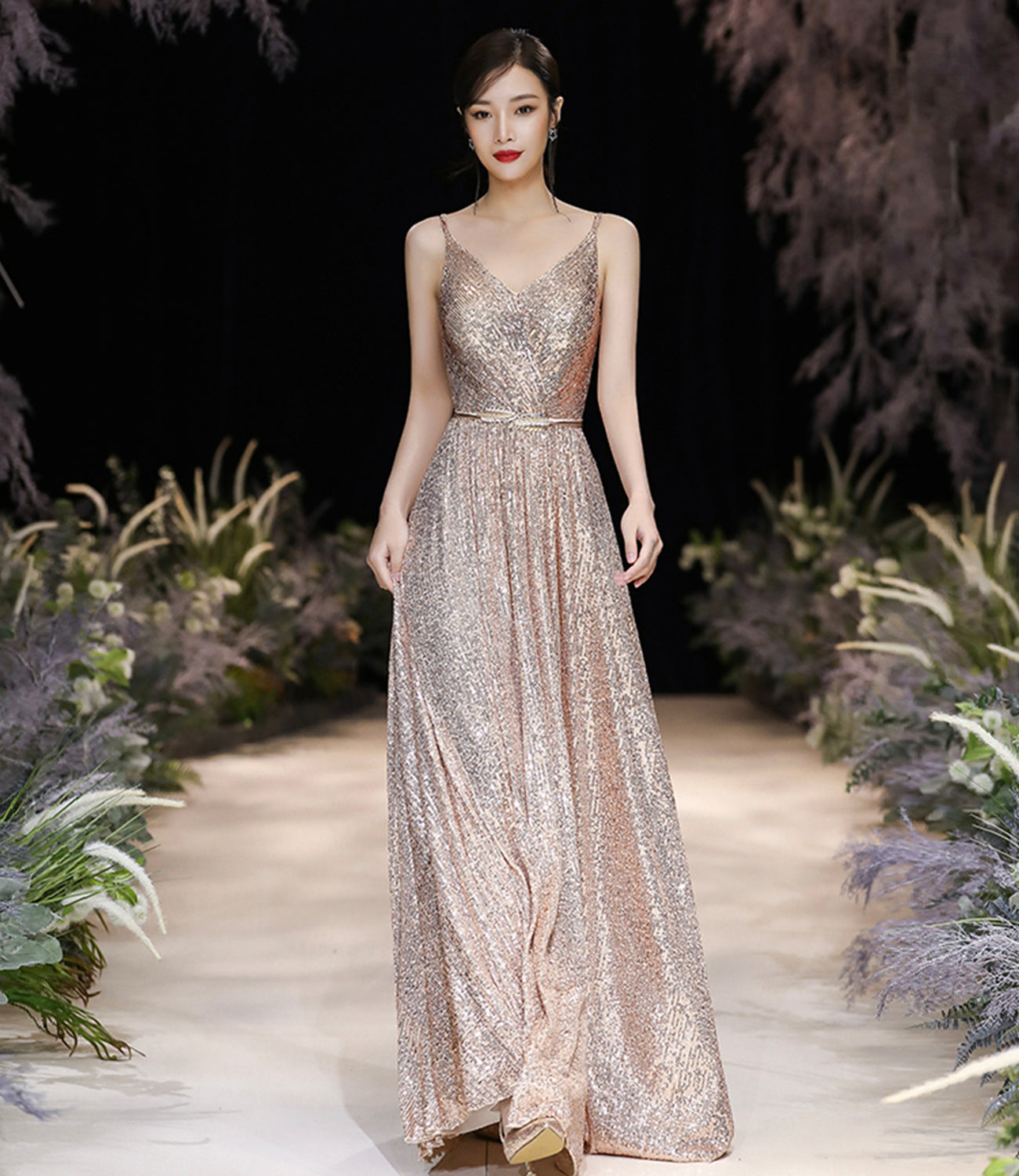 CHAMPAGNE SEQUINS LONG A LINE PROM DRESS EVENING DRESS cg23205